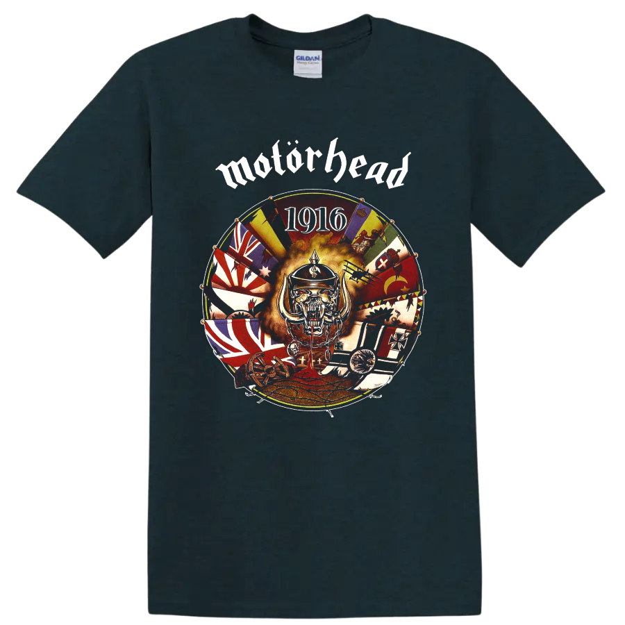 Motorhead 1916 circular war collage with snarling War Pig mascot on a Midnight (Green) T Shirt