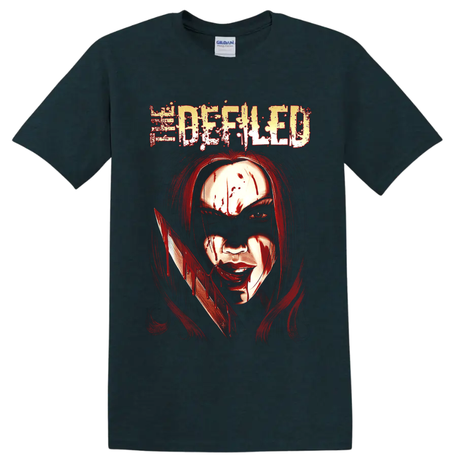 Defiled distressed logo above a blood-streaked figure holding a dripping blade on a Midnight (Green) T Shirt
