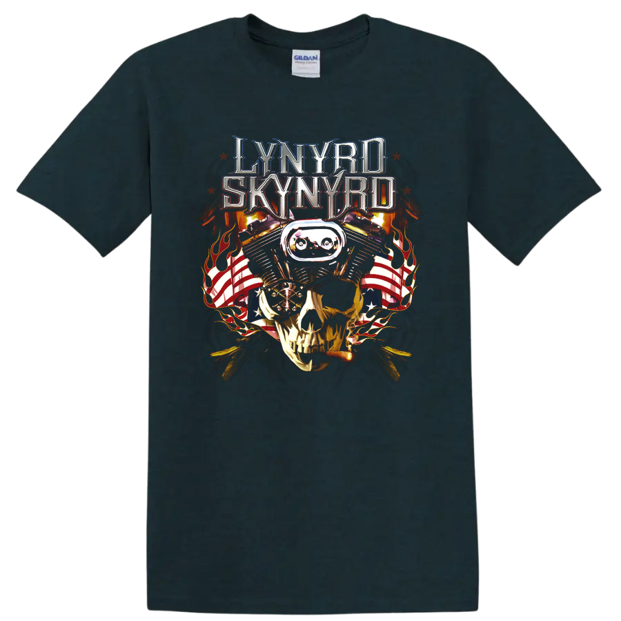 Lynyrd Skynyrd metallic logo above goggled skull, flames, and American flag graphic on a Midnight (Green) T Shirt