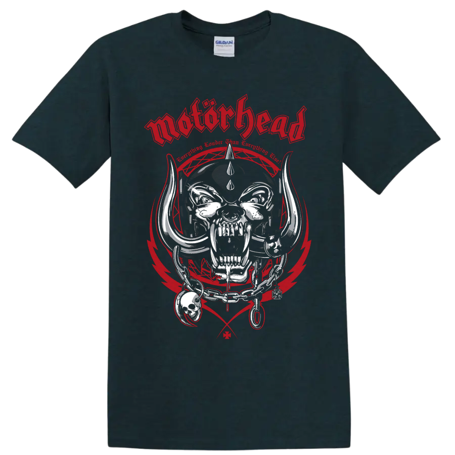 Motorhead Snaggletooth Warpig horned skull graphic with chains and red industrial frame on a Midnight (Green) T Shirt