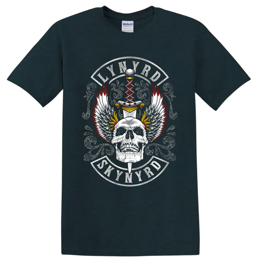 Lynyrd Skynyrd skull, sword, wings, flames, and distressed crest graphic on a Midnight (Green) T Shirt