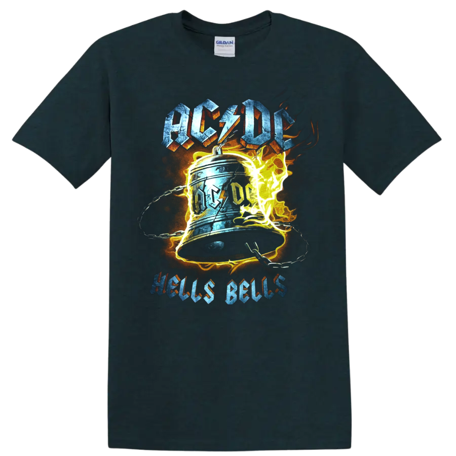 AC/DC Hells Bells distressed rock graphic with chained bell, lightning, and flames on a Midnight (Green) T Shirt