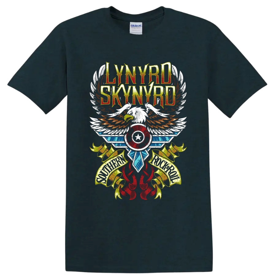 Lynyrd Skynyrd distressed eagle wings graphic with Southern Rock Roll banners on a Midnight (Green) T Shirt