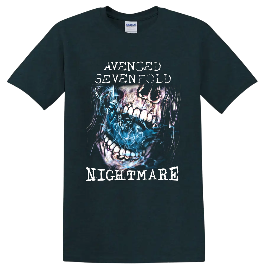 Avenged Sevenfold Nightmare distressed skull and blue skeleton graphic on a Midnight (Green) T Shirt