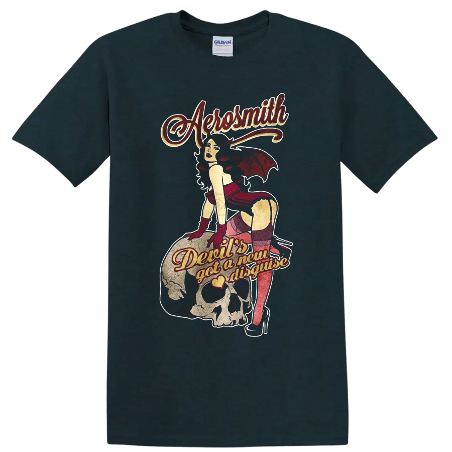 Aerosmith Devil's Got a New Disguise retro devil pinup skull and guitar graphic on a Midnight (Green) T Shirt