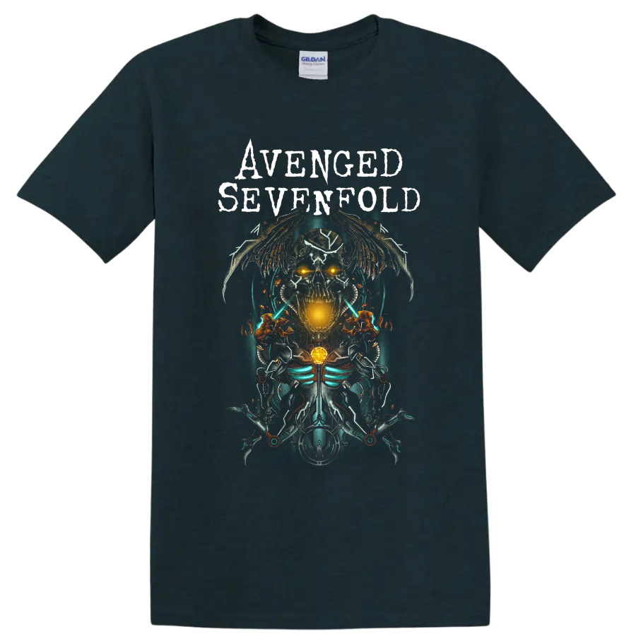 Avenged Sevenfold cybernetic winged skull graphic with distressed band lettering on a Midnight (Green) T Shirt