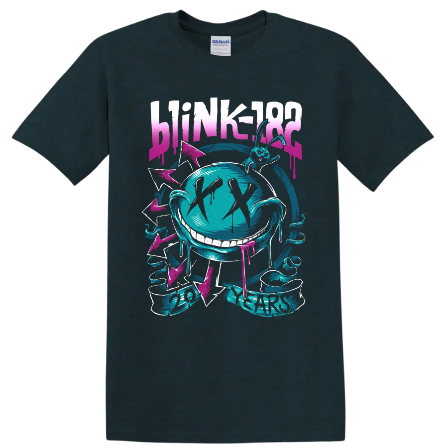 Blink-182 20 Years neon bunny and grinning face with pink arrows and drips on a Midnight (Green) T Shirt