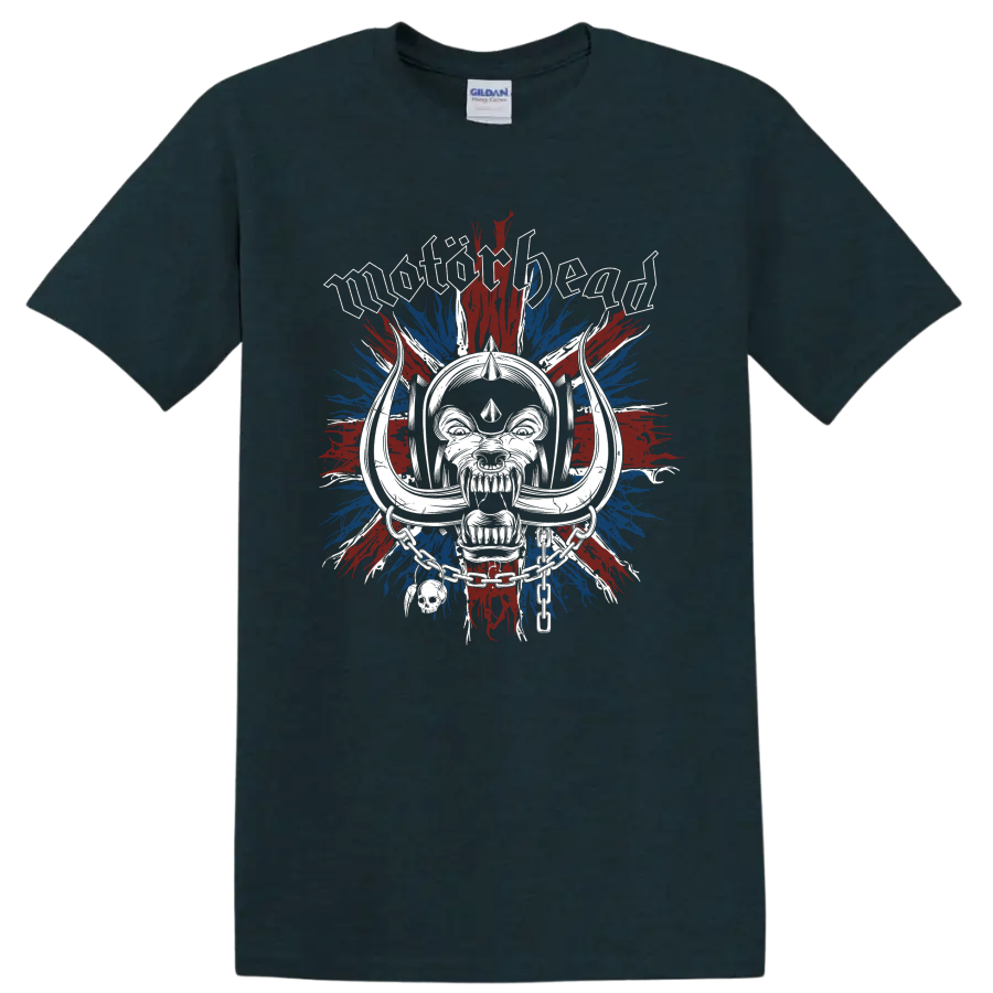 Motorhead Warpig skull with chains over distressed Union Jack paint bursts on a Midnight (Green) T Shirt