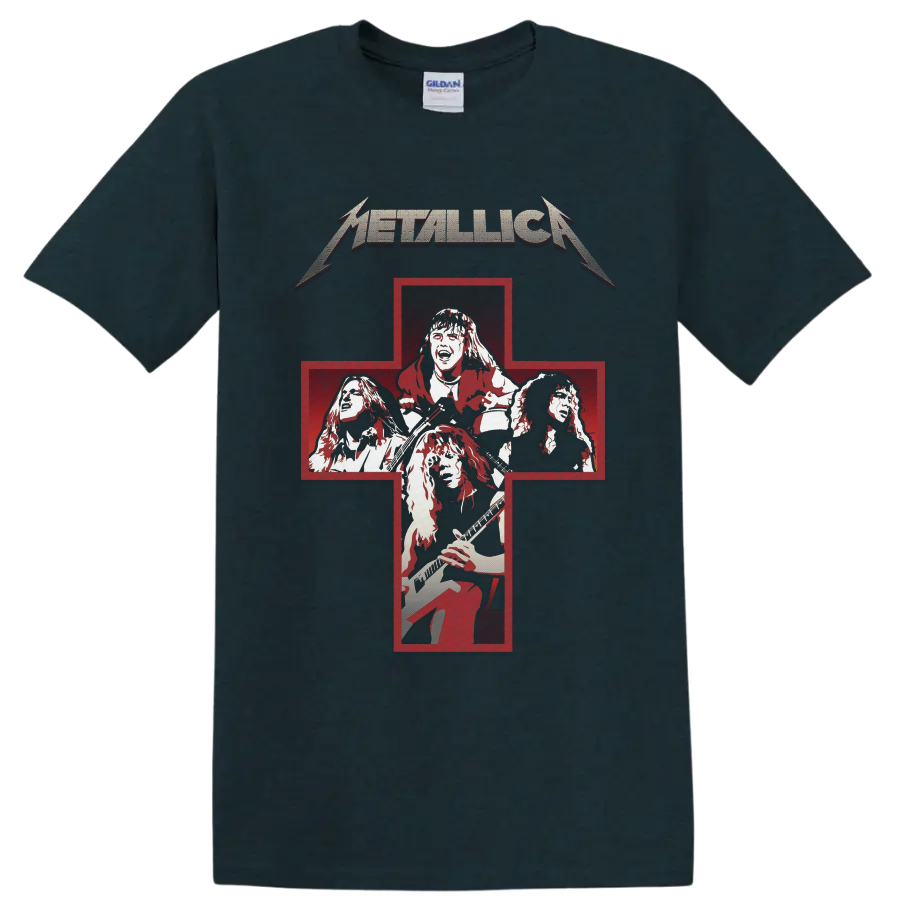 Metallica Cliff ’Em All distressed red cross band portrait graphic on a Midnight (Green) T Shirt