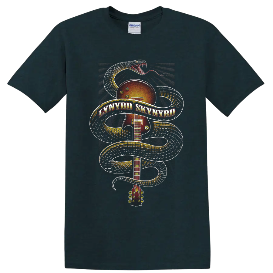 Lynyrd Skynyrd snake-wrapped sunburst guitar in vintage rock poster style on a Midnight (Green) T Shirt