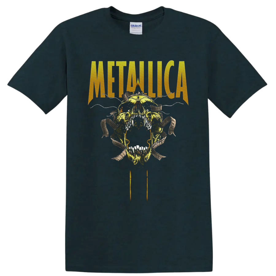Metallica distressed logo above a horned skull with barbed wire and torn ribbons on a Midnight (Green) T Shirt