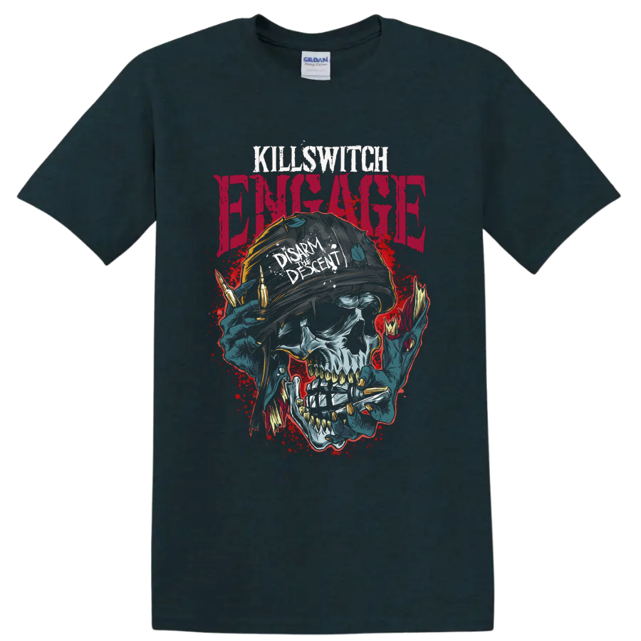 Killswitch Engage Disarm the Descent skull helmet and bullet graphic on a Midnight (Green) T Shirt