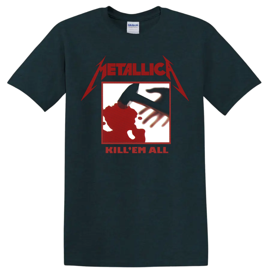 Metallica Kill 'Em All red logo and hammer graphic print on a Midnight (Green) T Shirt