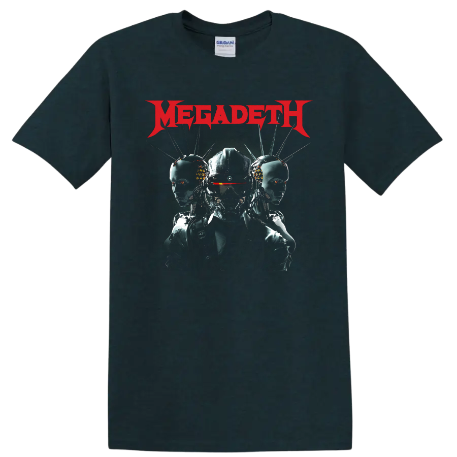 Megadeth logo above Vic Rattlehead cyberpunk robot trio graphic on a Midnight (Green) T Shirt