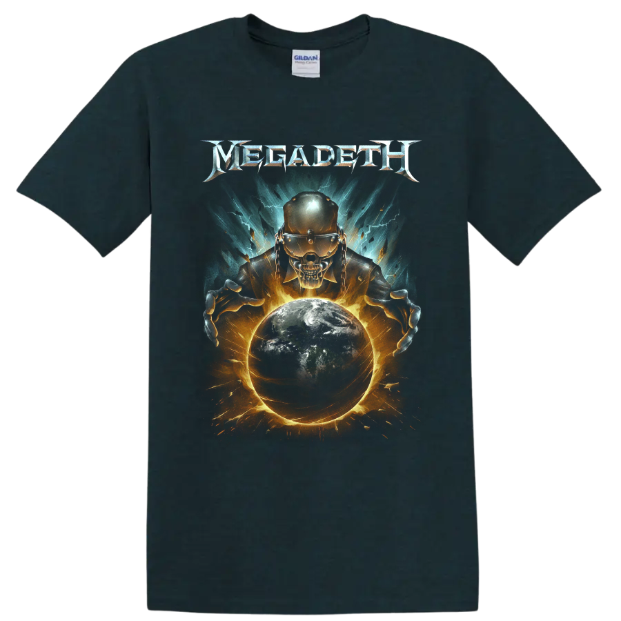 Megadeth Vic Rattlehead skull with burning Earth, lightning, and fiery cosmic art on a Midnight (Green) T Shirt