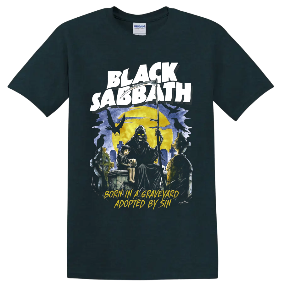 Black Sabbath Grim Reaper graveyard graphic with Born in a Graveyard Adopted by Sin text on a Midnight (Green) T Shirt