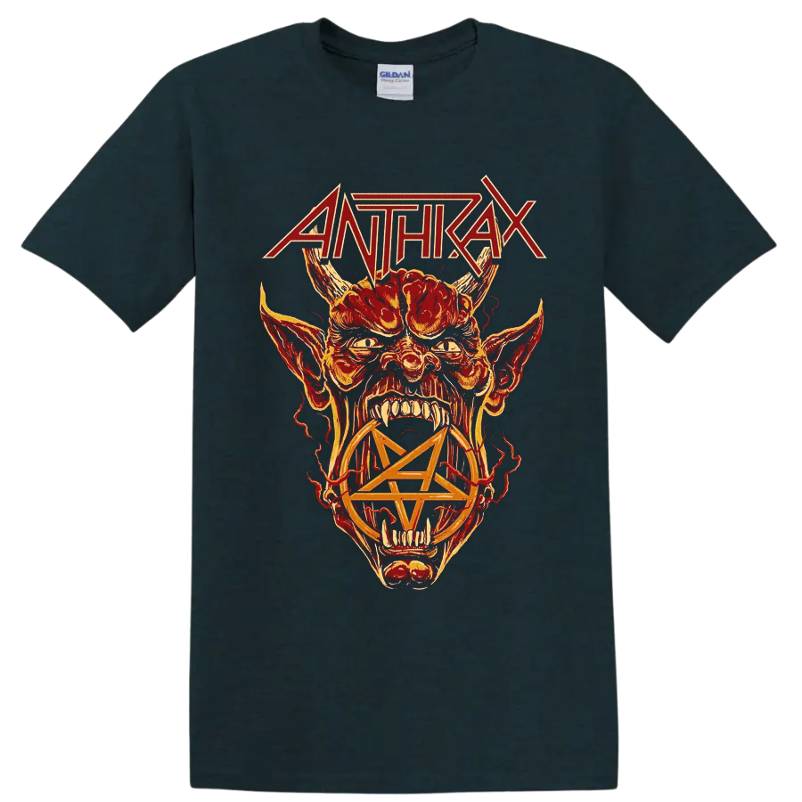 Anthrax logo above a horned snarling creature and pentagram in fiery distressed art on a Midnight (Green) T Shirt
