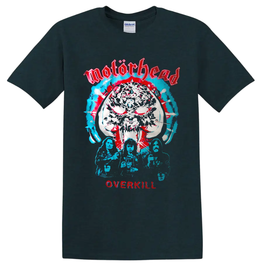 Motorhead Overkill Warpig skull graphic with distressed band figures on a Midnight (Green) T Shirt