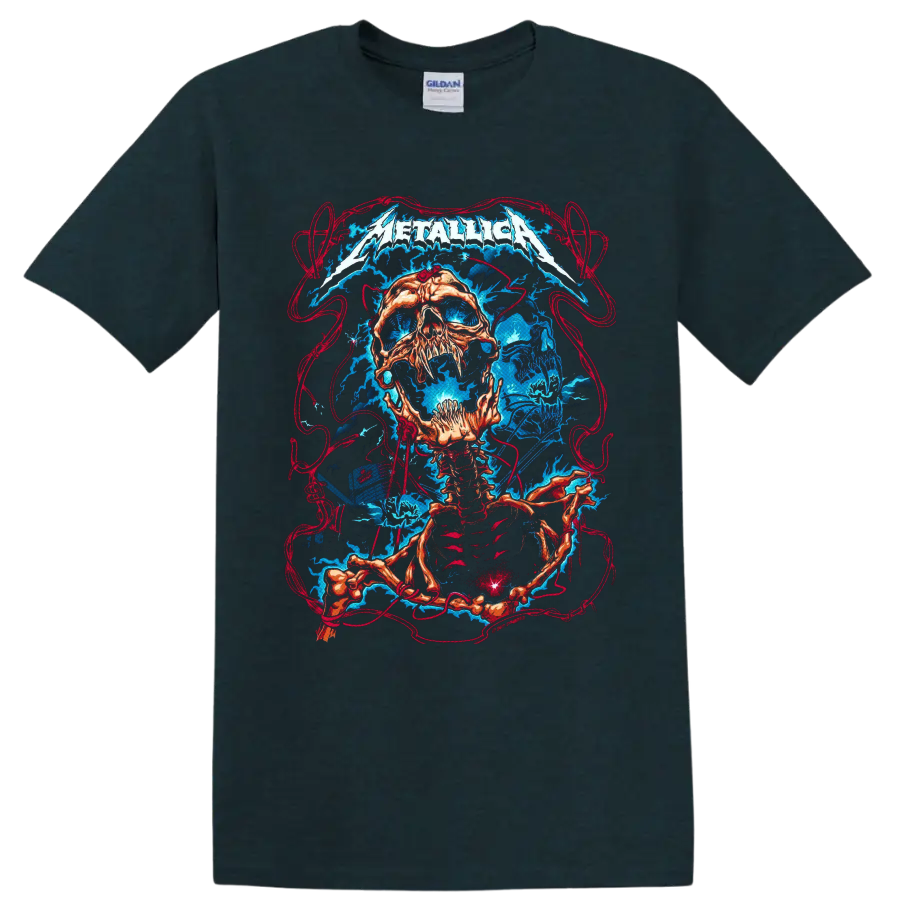 Metallica logo above a skull and skeleton with electric lightning and red linework on a Midnight (Green) T Shirt