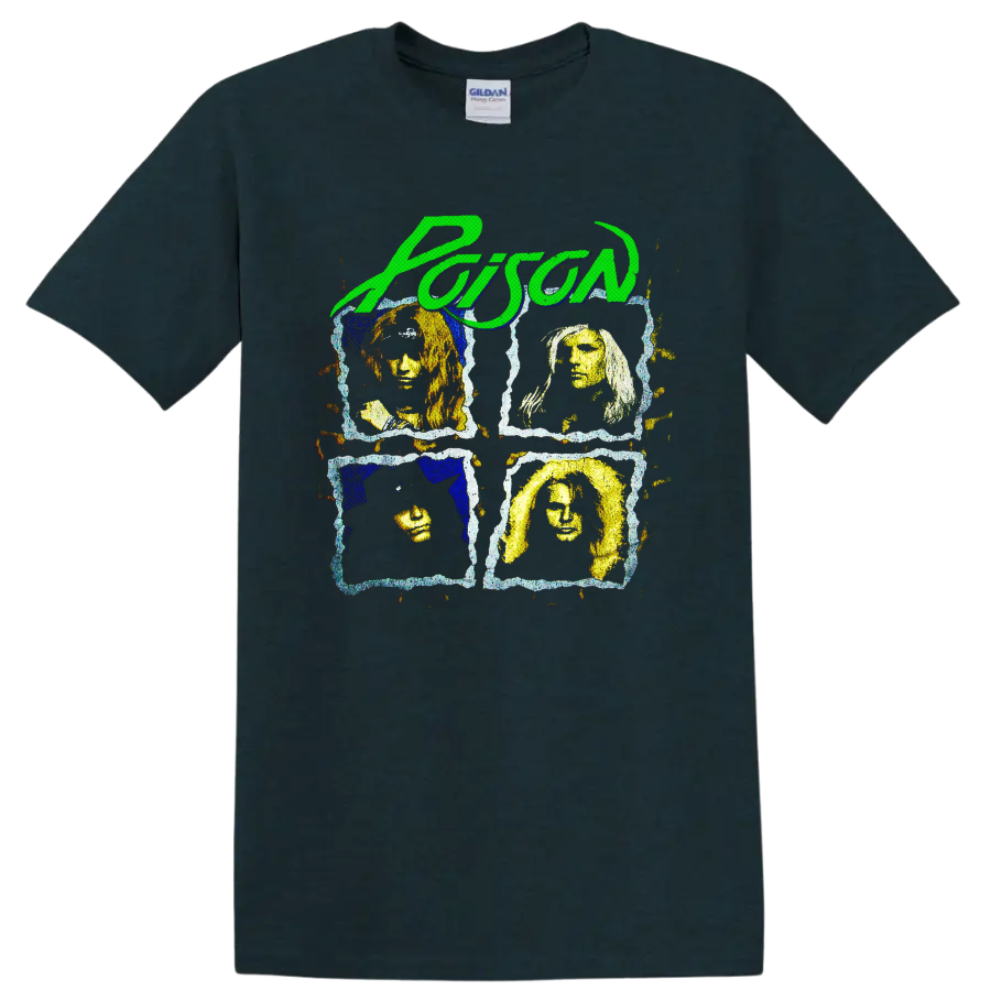 Poison green script above four distressed rock band portrait panels on a Midnight (Green) T Shirt