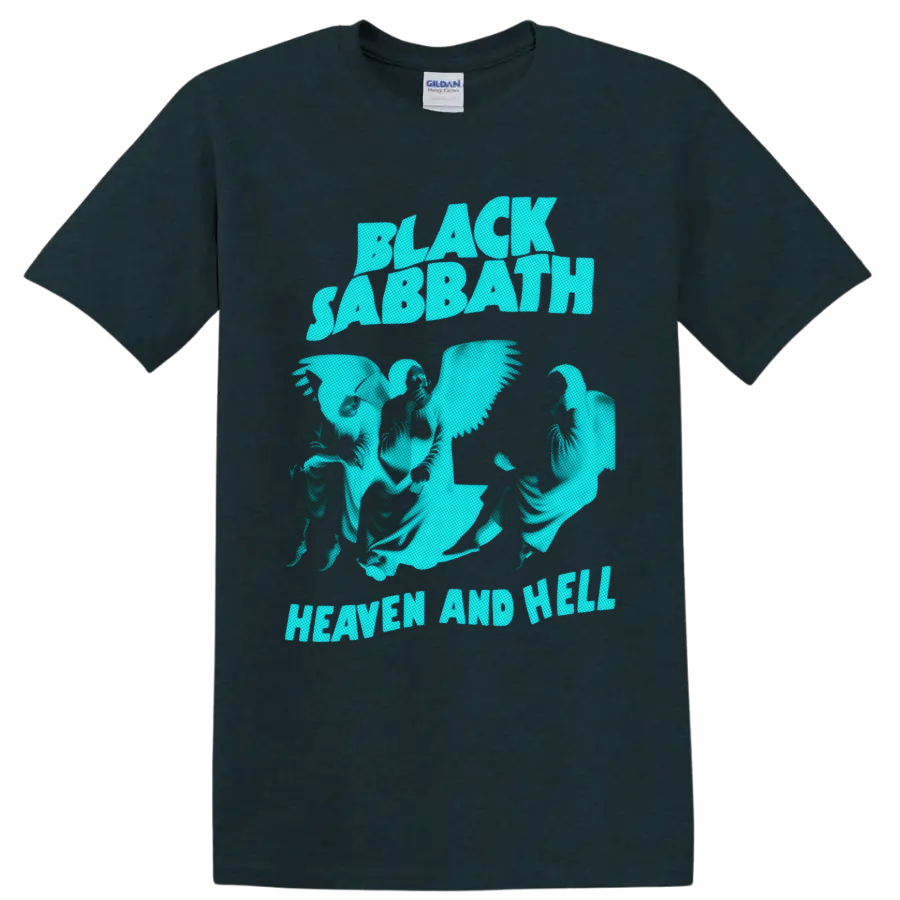Black Sabbath Heaven and Hell aqua graphic with winged figures and bold lettering on a Midnight (Green) T Shirt