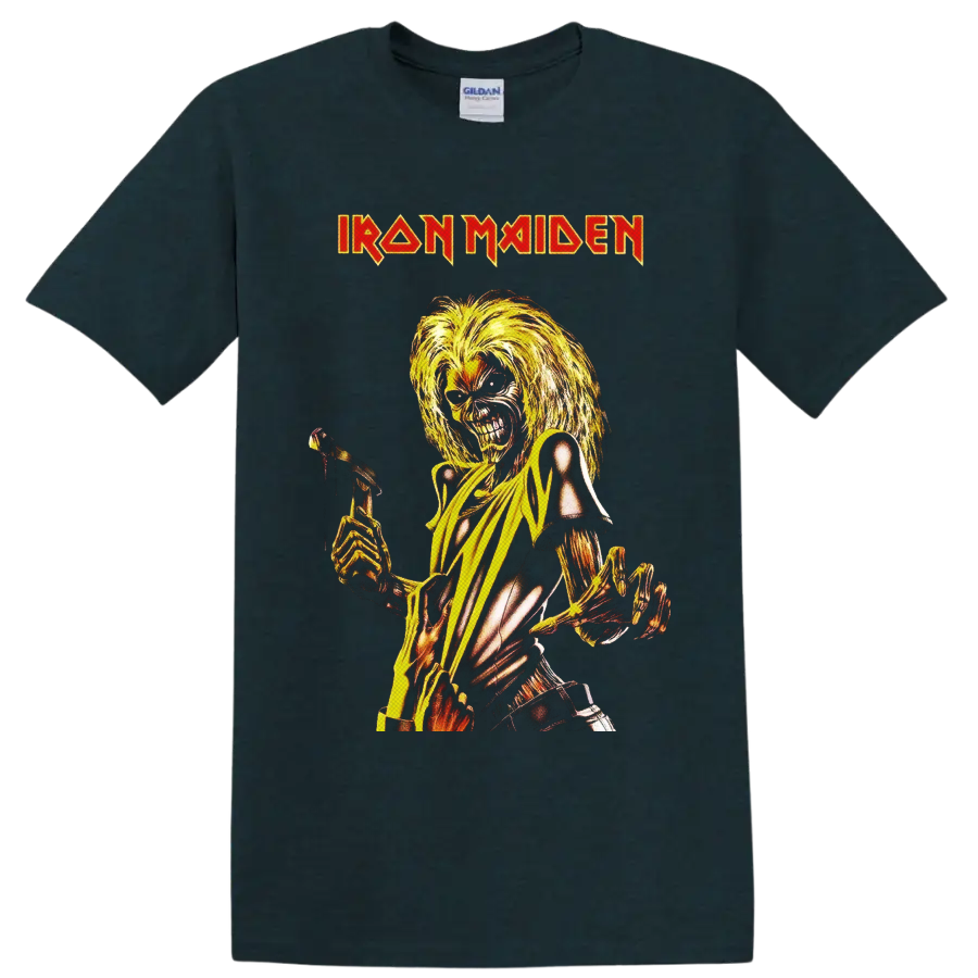 Iron Maiden Killers Eddie the Head skeleton with axe in fiery vintage metal art on a Midnight (Green) T Shirt