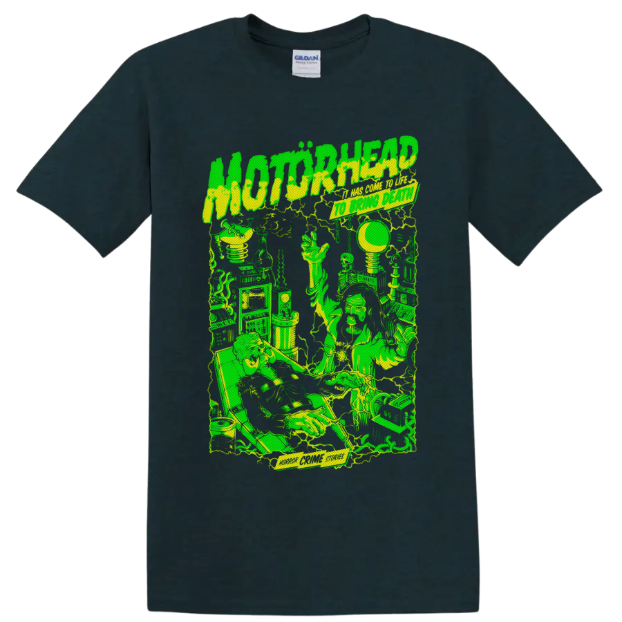 Motorhead Horror Crime Stories neon sci-fi laboratory graphic with skeletons and machinery on a Midnight (Green) T Shirt