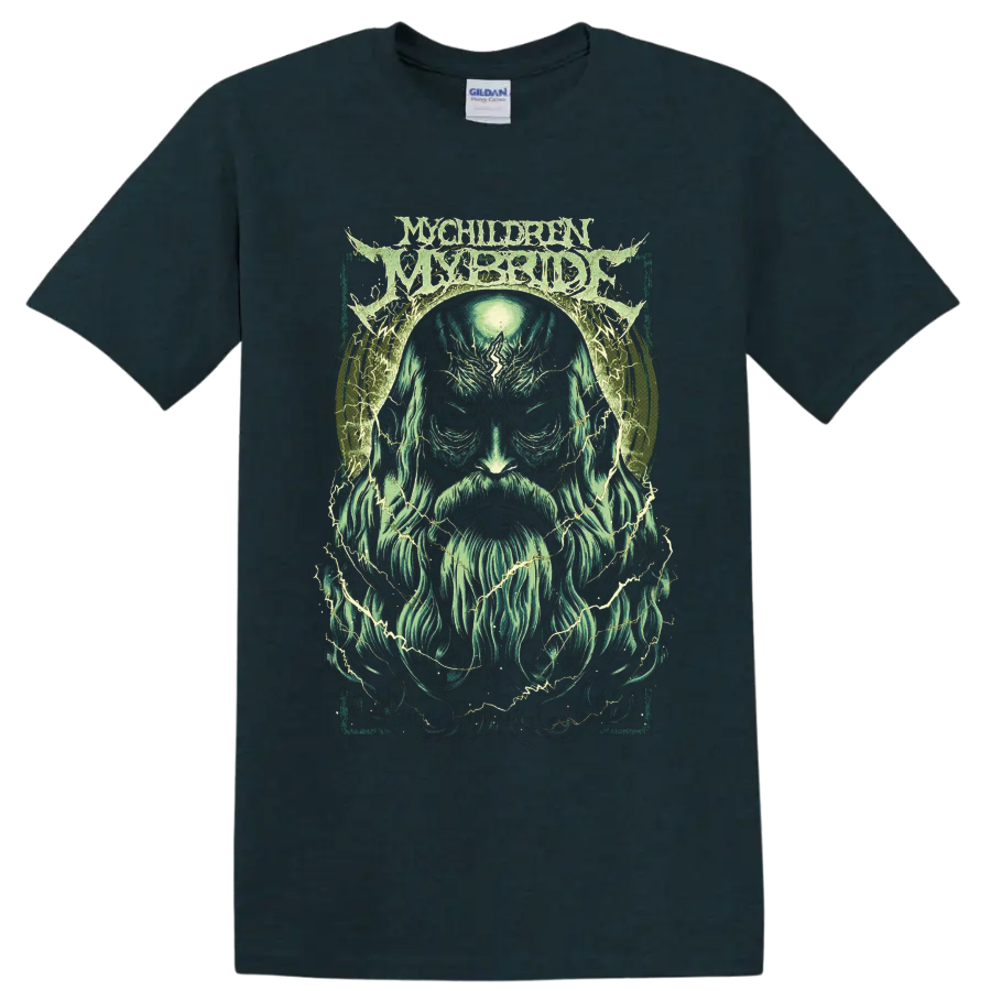MyChildren MyBride logo above a spectral bearded portrait with lightning on a Midnight (Green) T Shirt