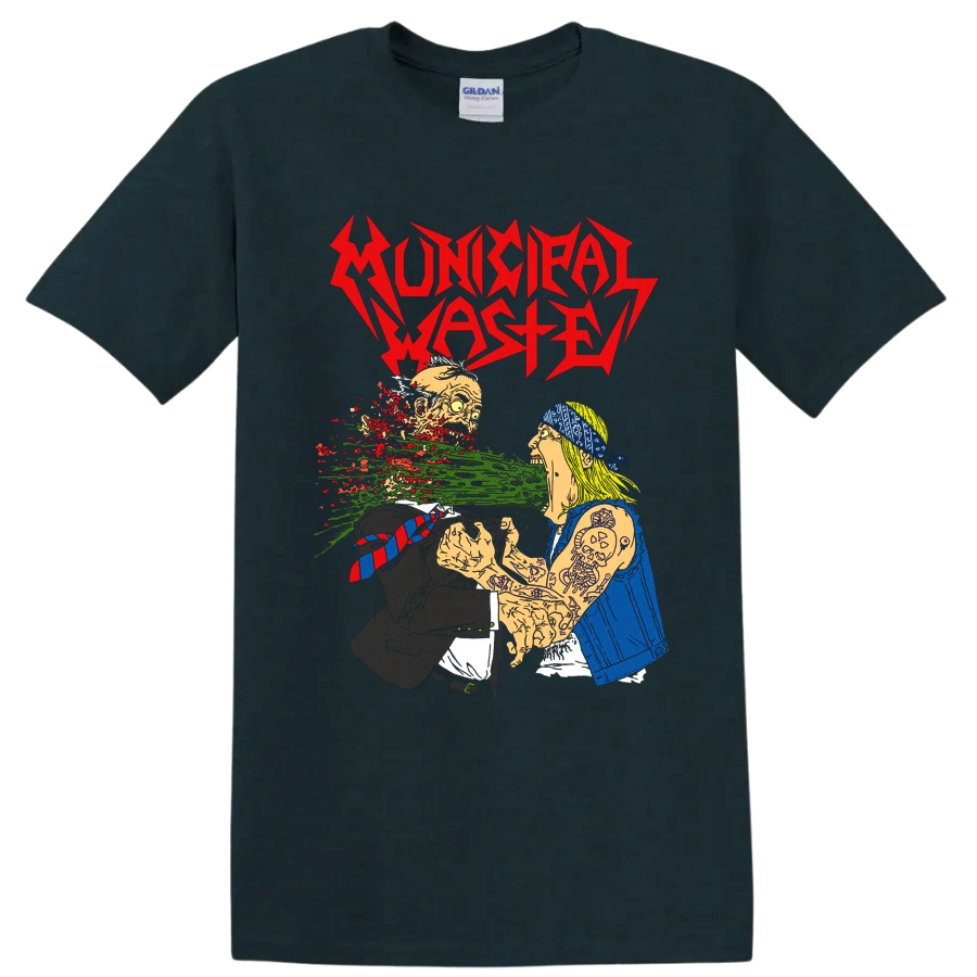 Municipal Waste jagged logo over grotesque cartoon punk horror artwork on a Midnight (Green) T Shirt
