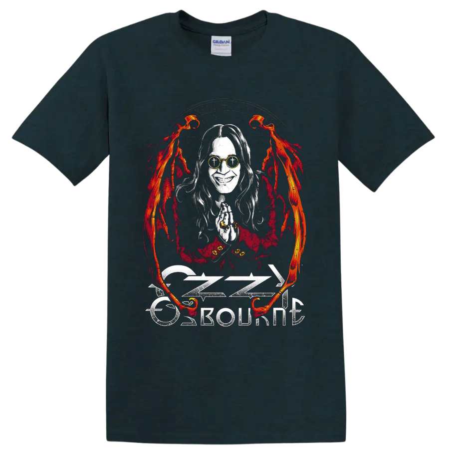 Ozzy Osbourne gothic portrait with flames, clasped hands, and distressed logo on a Midnight (Green) T Shirt