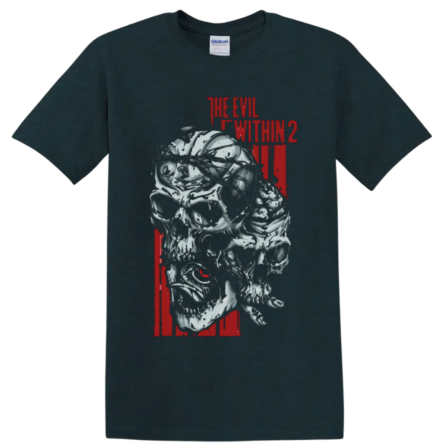 The Evil Within 2 distressed red title above layered gothic skull creature art on a Midnight (Green) T Shirt
