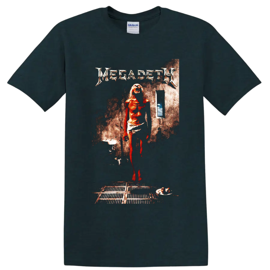 Megadeth Countdown to Extinction distressed album-art scene with red figure on a Midnight (Green) T Shirt