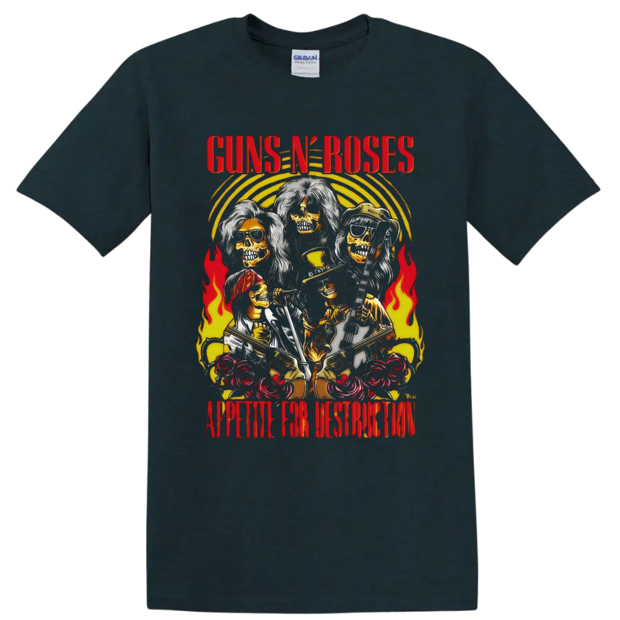 Guns N' Roses Appetite for Destruction skeletal band art with flames and roses on a Midnight (Green) T Shirt