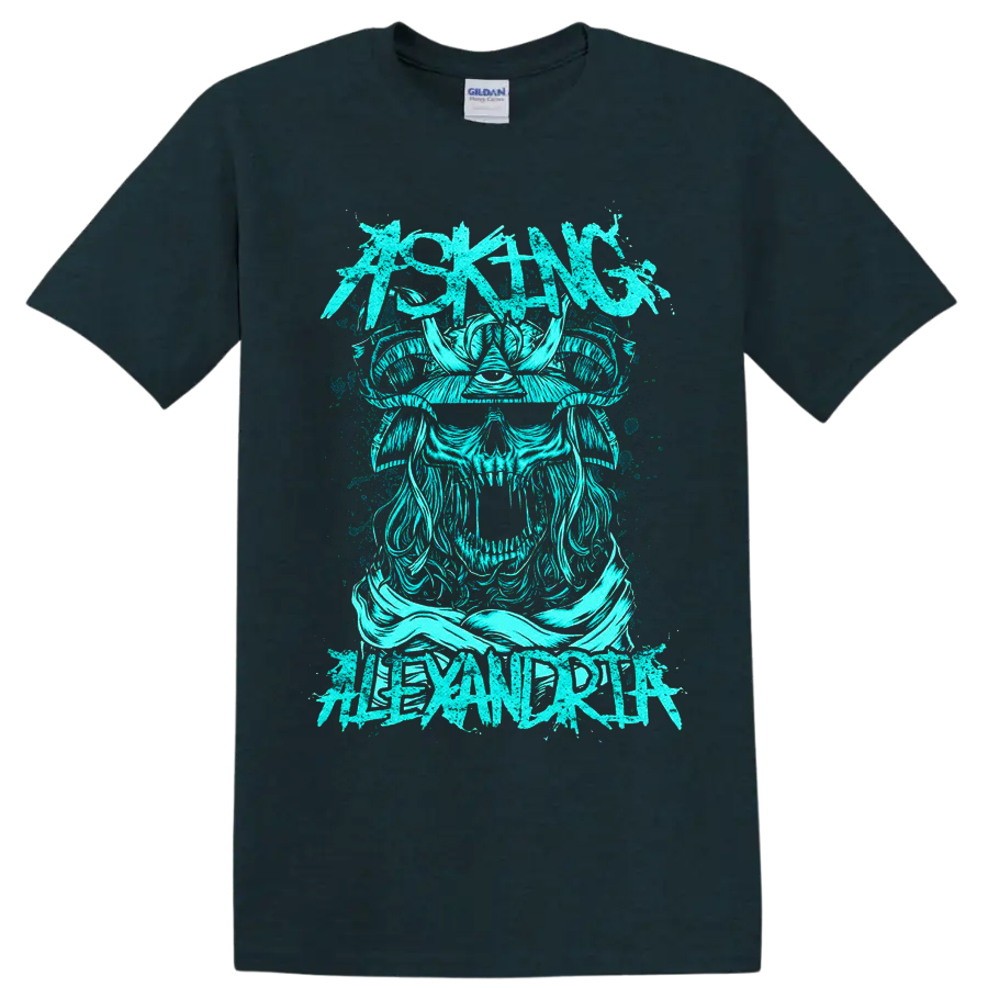 Asking Alexandria distressed turquoise Viking skull and horned helmet graphic on a Midnight (Green) T Shirt