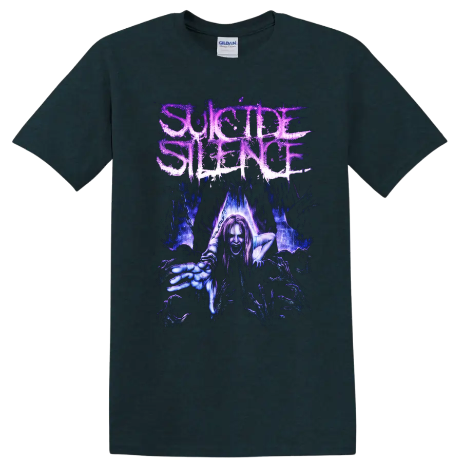 Suicide Silence distressed logo above a reaching gothic horror figure in blue and purple on a Midnight (Green) T Shirt