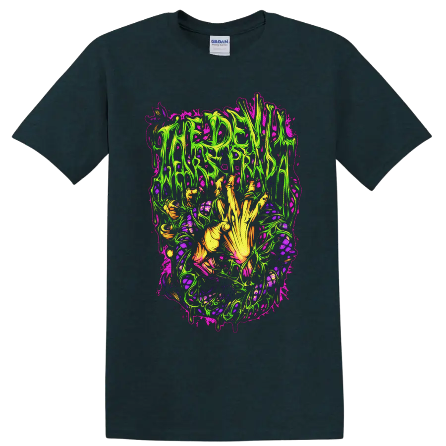 The Devil Wears Prada neon horror artwork with skeletal hand and dripping lettering on a Midnight (Green) T Shirt