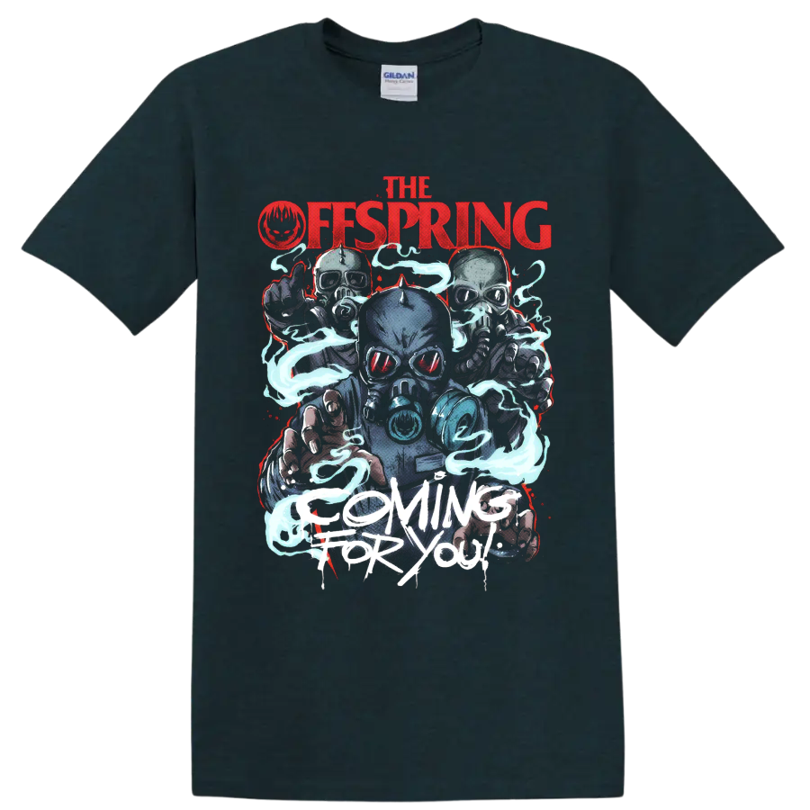 The Offspring Coming for You gas-mask figures with blue smoke and distressed lettering on a Midnight (Green) T Shirt