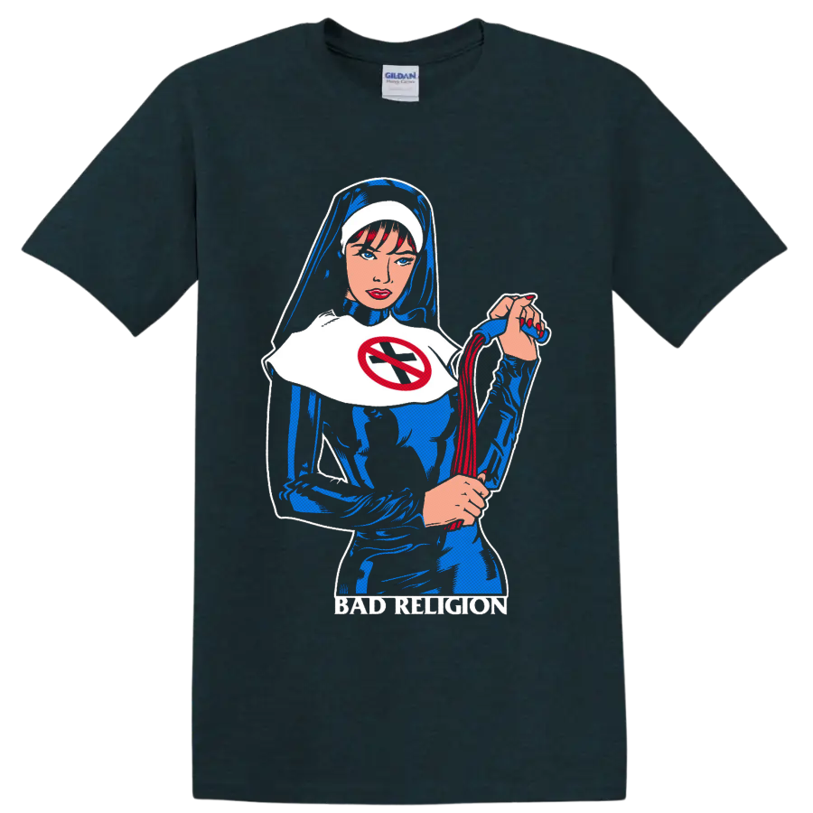 Bad Religion comic-style nun graphic with red no-cross emblem and blue-black artwork on a Midnight (Green) T Shirt