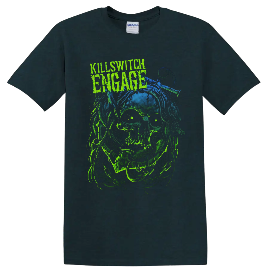 Killswitch Engage distressed logo above neon-green zombie skull horror artwork on a Midnight (Green) T Shirt