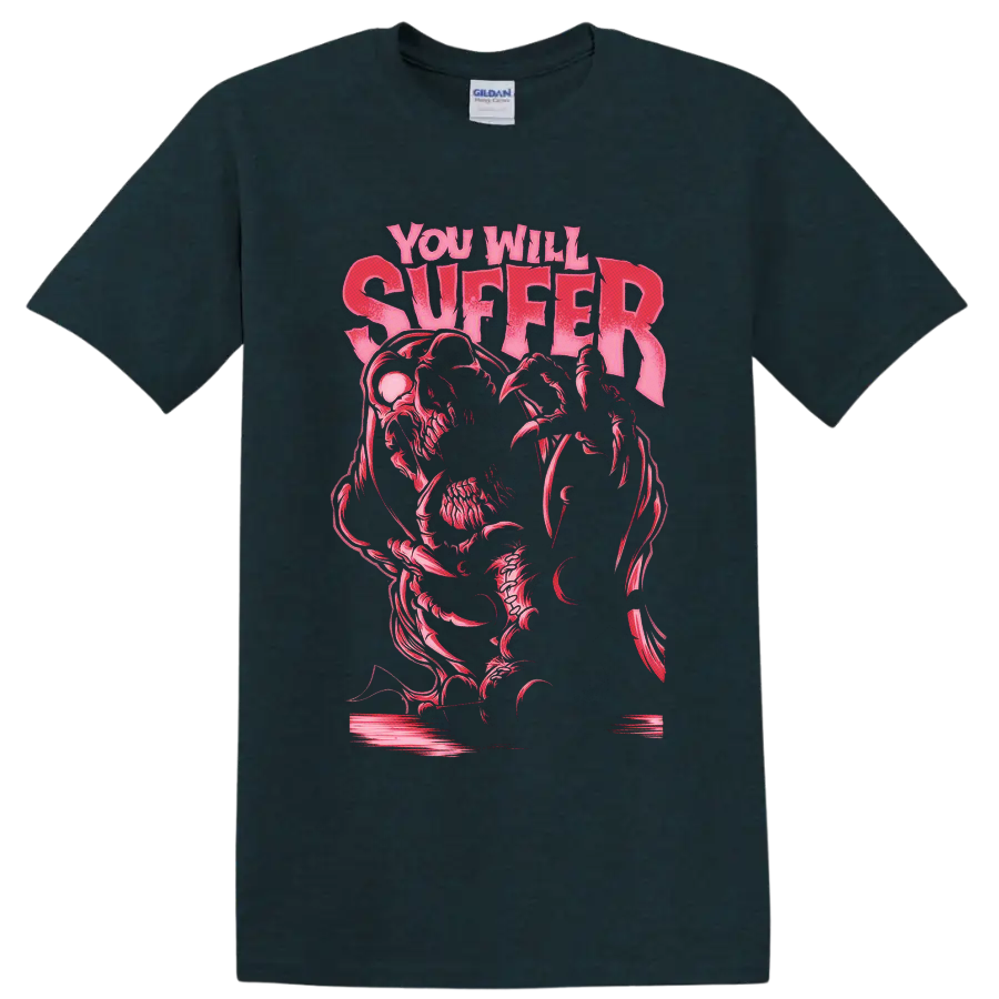 Kreator You Will Suffer distressed pink text with skeletal horror graphic on a Midnight (Green) T Shirt
