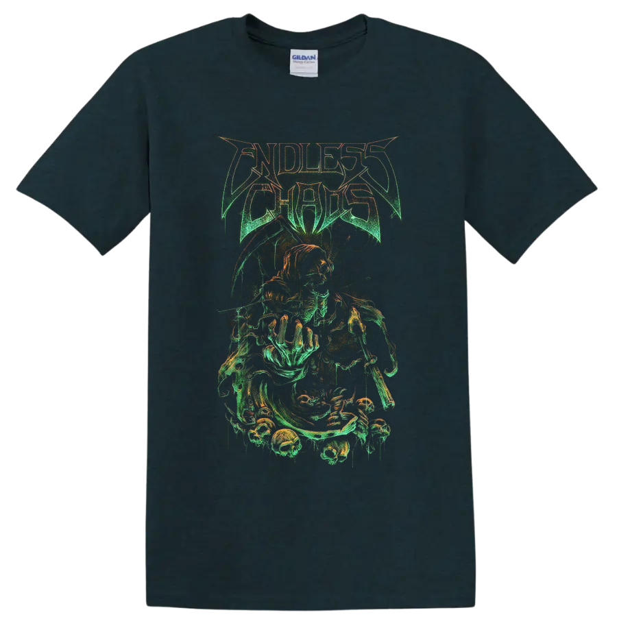 Endless Chaos hooded skeletal reaper and skull gothic metal graphic on a Midnight (Green) T Shirt