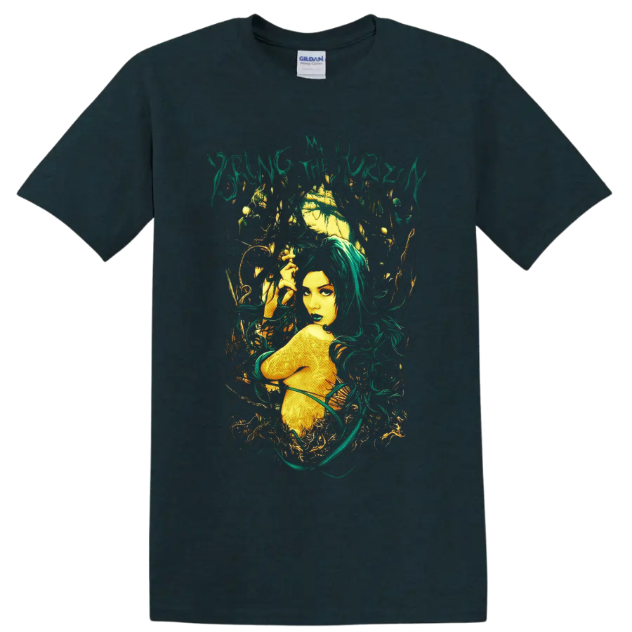 Bring Me the Horizon gothic forest nymph with teal hair, golden moon, and vines on a Midnight (Green) T Shirt