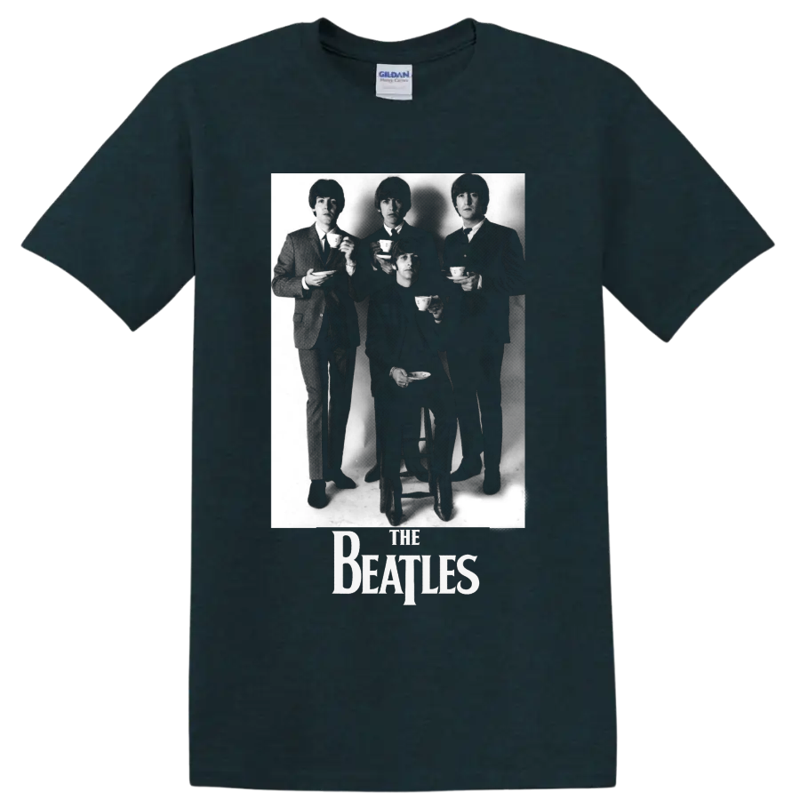 The Beatles black-and-white tea party portrait with band logo on a Midnight (Green) T Shirt