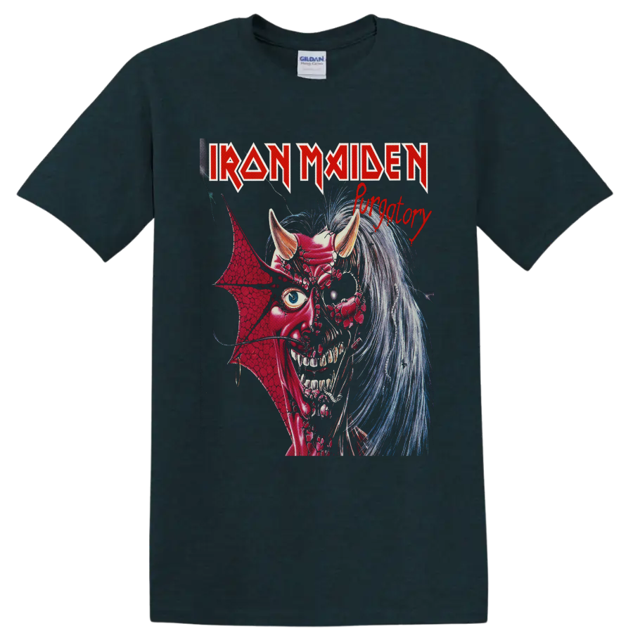 Iron Maiden Purgatory graphic with Eddie as a horned demon in vintage heavy metal art on a Midnight (Green) T Shirt