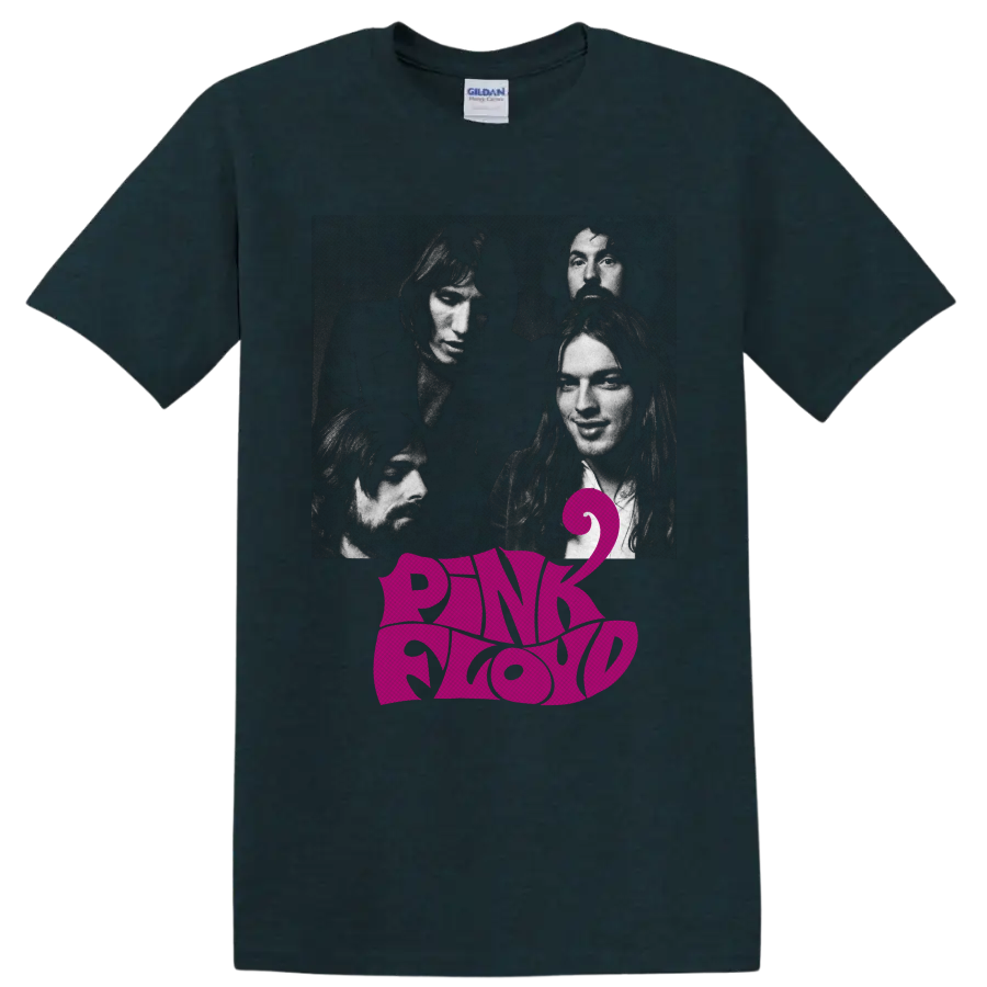 Pink Floyd band portrait graphic with magenta logo lettering and stylized number 2 on a Midnight (Green) T Shirt