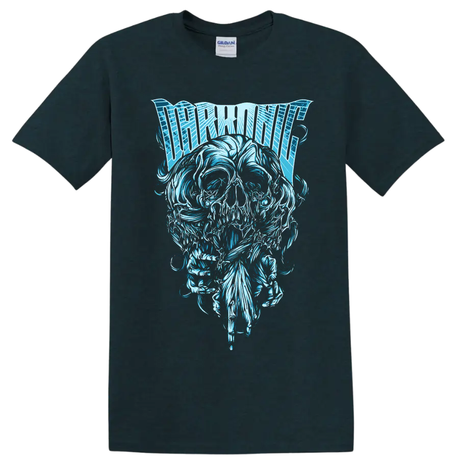 Thornhill lettering above an ornate icy blue skull in detailed metalcore artwork on a Midnight (Green) T Shirt