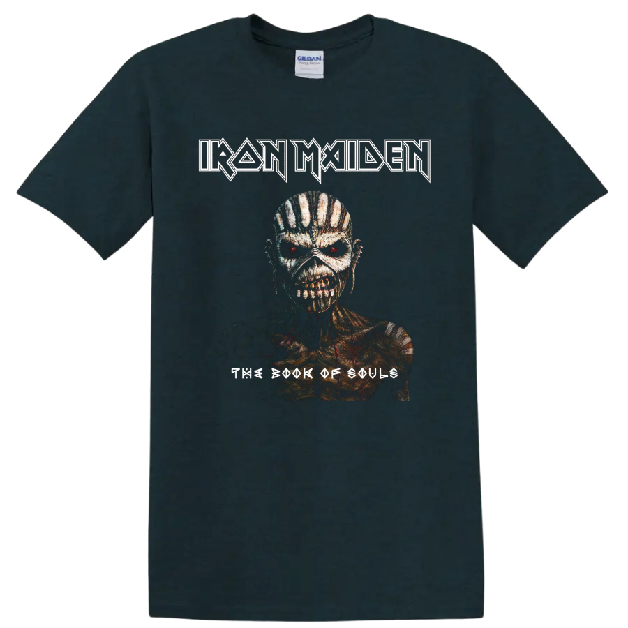 Iron Maiden The Book of Souls Eddie portrait with distressed heavy metal logo on a Midnight (Green) T Shirt