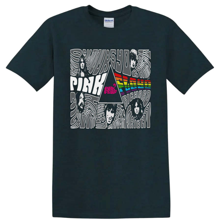 Pink Floyd Dark Side of the Moon prism and rainbow psychedelic collage on a Midnight (Green) T Shirt