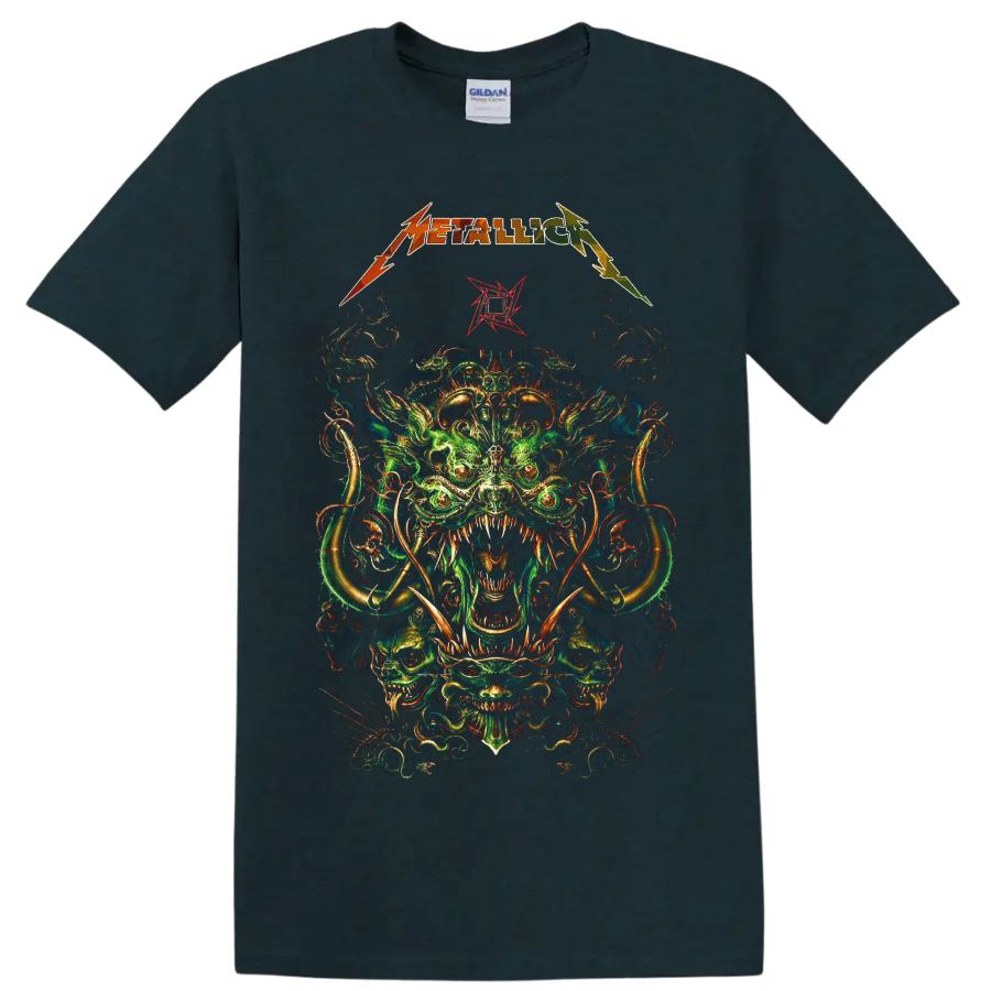 Metallica logo above psychedelic horned creature and skull artwork on a Midnight (Green) T Shirt
