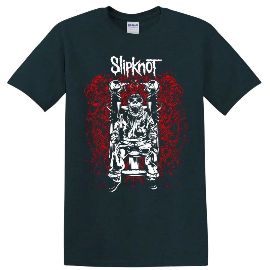 Slipknot logo above skeleton in electric chair with distressed red sigil artwork on a Midnight (Green) T Shirt